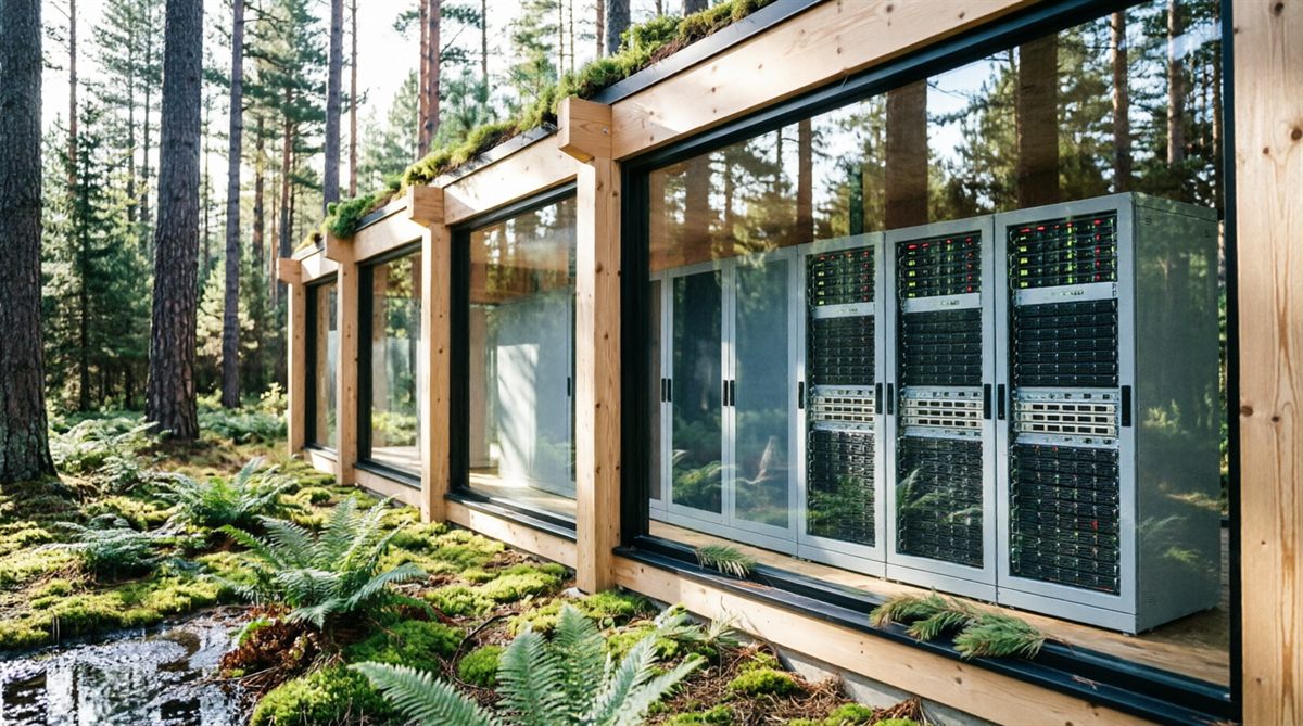 Data center green con struttura in legno e tetto verde immerso nel bosco: i rack di server si intravedono attraverso le vetrate