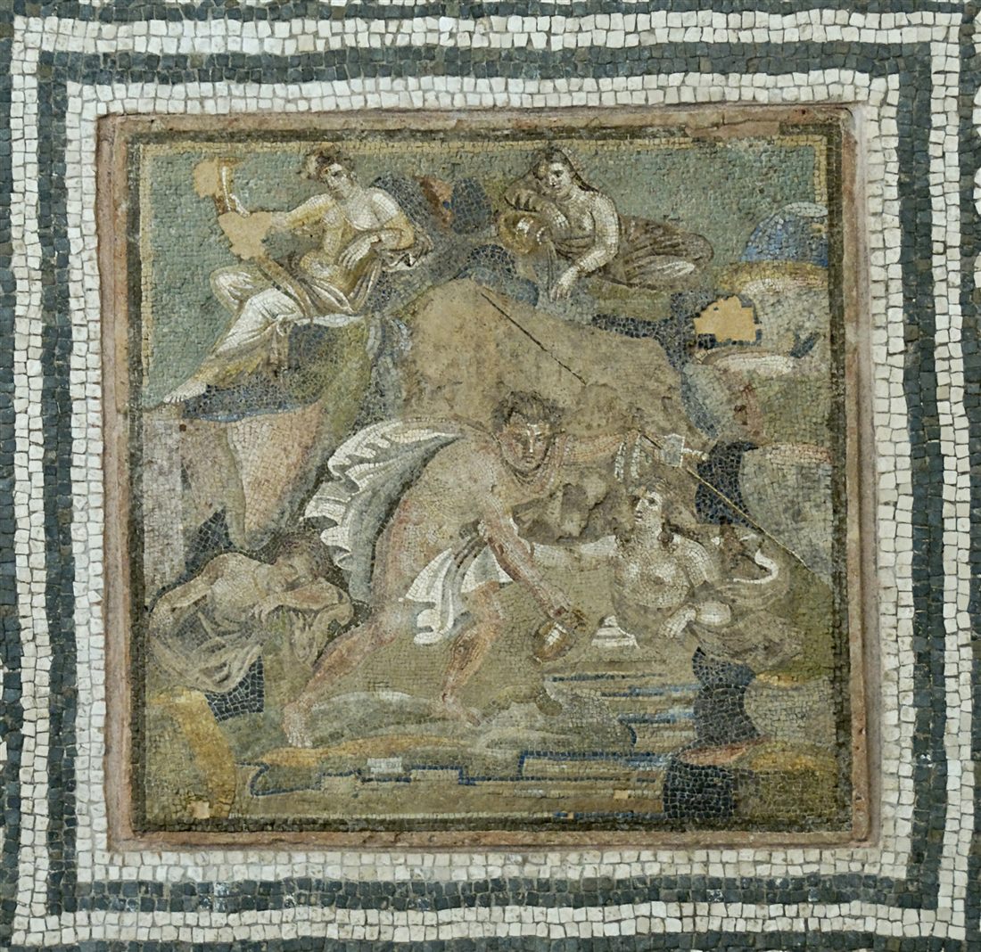 Roman mosaic: the nymphs of the spring carry off young Hylas, who has come down to draw water